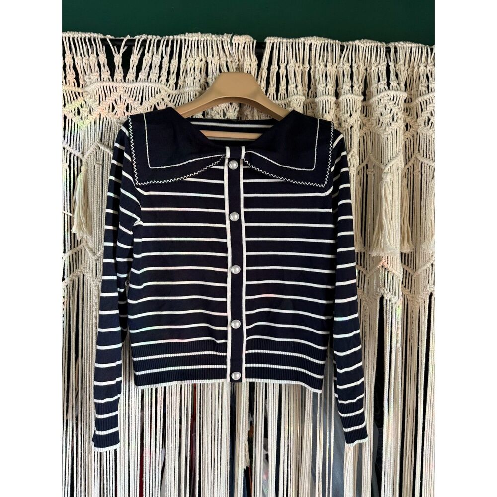 Adrianna Papell Striped Sailor Collar Knit Cardigan Sweater